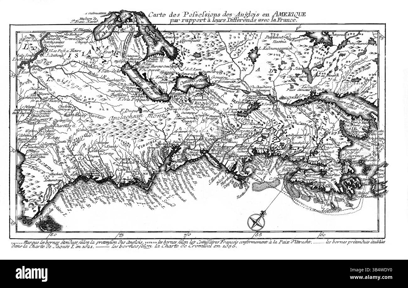 Carte des possessions des Anglois en Amérique 1759, mappa coloniale della guerra franco-indiana, conflitto anglo-francese in Nord America Foto Stock