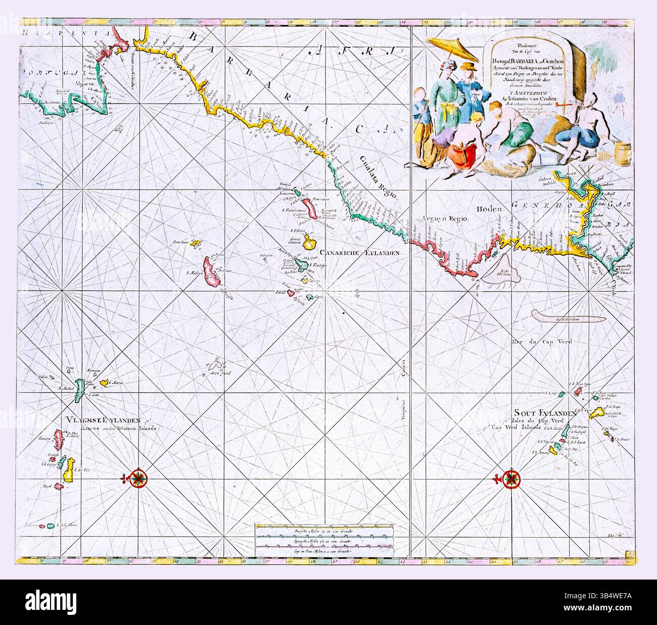 Cartina delle coste del Portogallo, della Barbaria e di Genova, carta marittima antica, carta storica di navigazione, carta costiera d'epoca, dominio pubblico Foto Stock