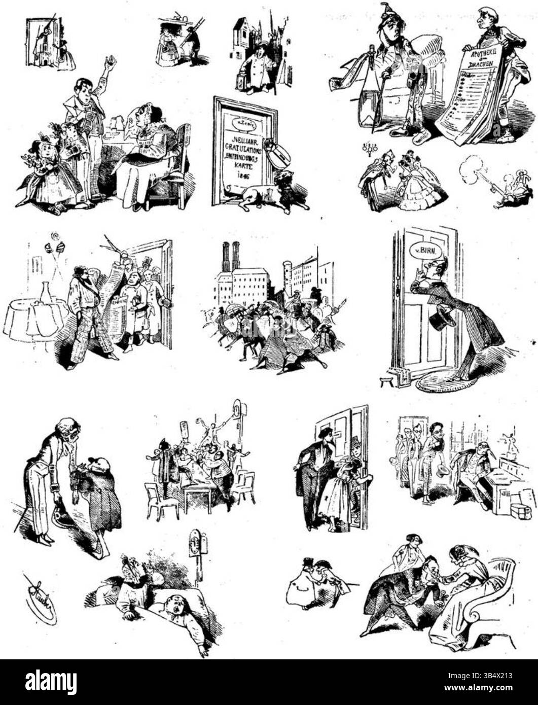 Questa illustrazione del 1846 di Carl Stauber, presentata in *Fliegende Blätter*, una rivista satirica tedesca, raffigura una scena umoristica. L’illustrazione di Stauber cattura lo spirito del tempo, utilizzando caricature e satira per commentare temi sociali o politici del periodo. Foto Stock