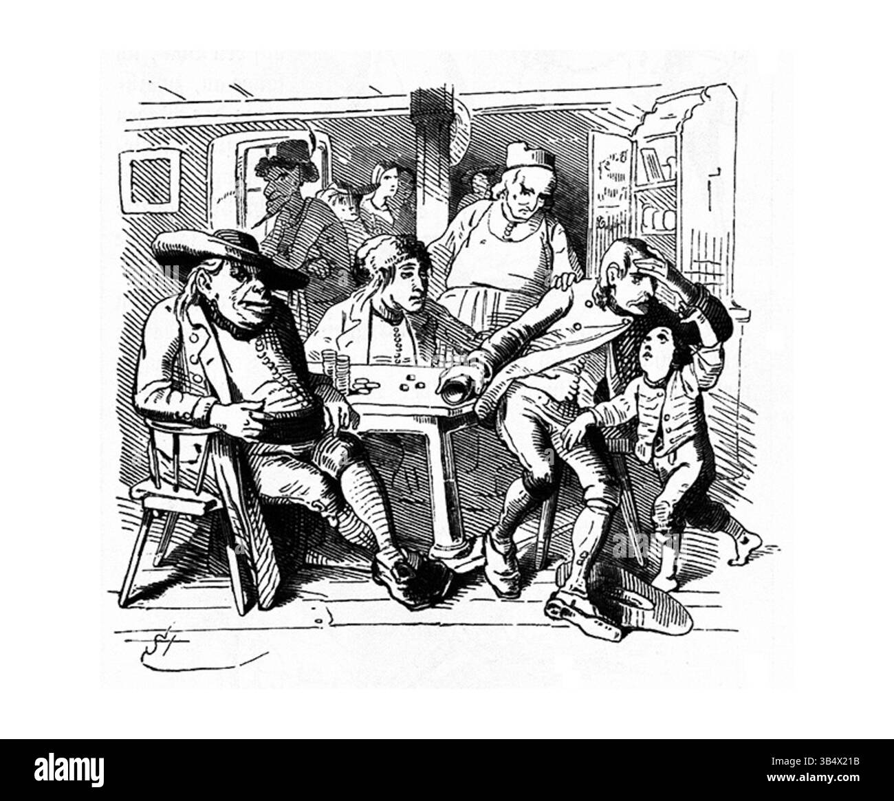 Un'illustrazione satirica di Carl Stauber dal numero del 1846 di "Fliegende Blätter", che riflette umoristicamente il panorama socio-politico del periodo. L'illustrazione di Stauber fa parte della tradizione satirica tedesca, affrontando questioni contemporanee con arguzia e commento visivo. Foto Stock