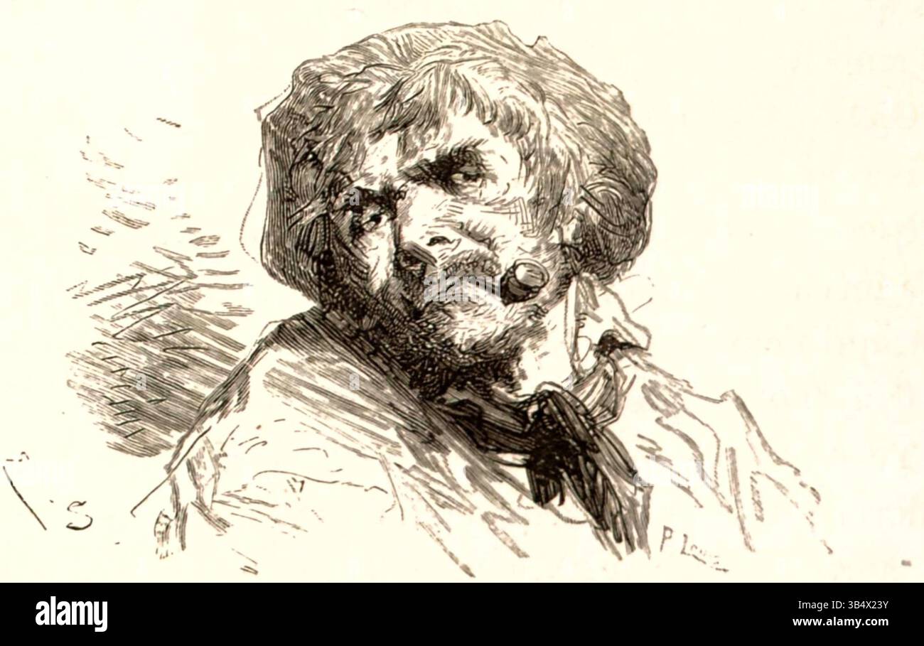 Questa stampa xilografica di Émile Bayard, creata nel 1880, illustra una scena del film *Sans famille* di Hector Malot. Presenta il personaggio Barberin, al centro della trama del romanzo, che raffigura un momento chiave della storia. Foto Stock