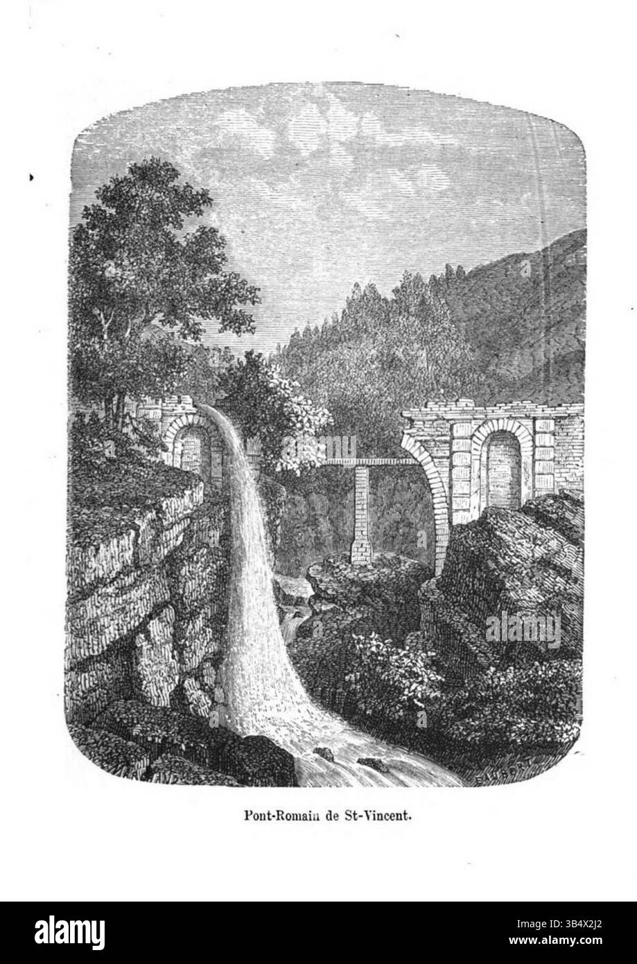 L'incisione di Édouard Aubert prima del 1877 illustra il ponte romano a Saint-Vincent. Questa opera d'arte offre uno sguardo sul patrimonio architettonico dell'ingegneria romana nelle Alpi, concentrandosi sulla progettazione e la struttura del ponte. Foto Stock