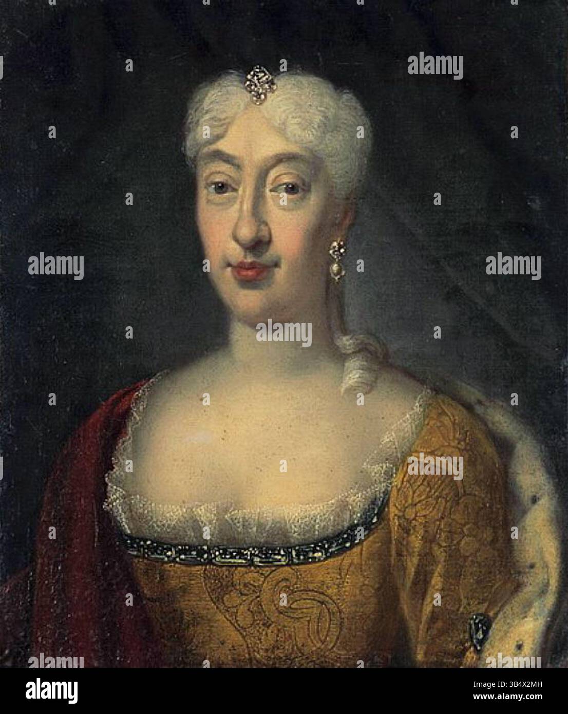 Questo ritratto della prima metà del XVIII secolo raffigura Maddalena Guglielmina di Württemberg, moglie di Carlo III Guglielmo di Baden-Durlach. Il dipinto ad olio mette in risalto l'abbigliamento aristocratico e la rappresentazione culturale del periodo. Foto Stock