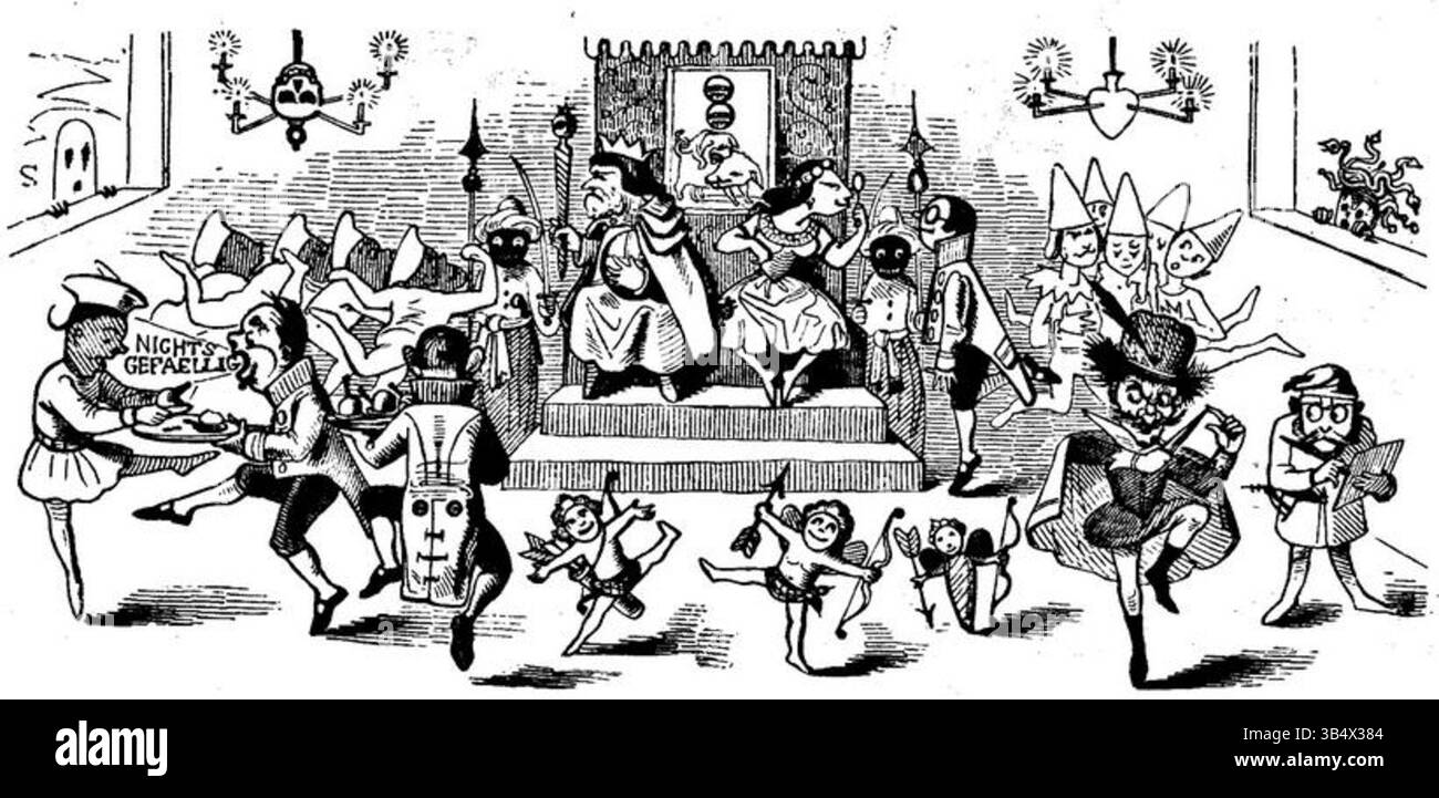 In questa illustrazione dell'edizione 1846 di Fliegende Blätter, la caricatura è utilizzata per fornire uno sguardo satirico al paesaggio politico e sociale della Germania del XIX secolo. L'opera riflette l'umorismo del tempo, coinvolgendo questioni come il potere e l'autorità attraverso rappresentazioni esagerate. Foto Stock