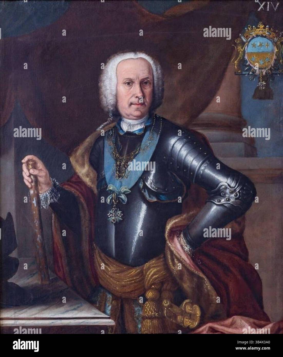Il ritratto di Francesco Tana, viceré di Sardegna dal 1758 al 1762, lo raffigura nel suo abbigliamento nobile. Tana detenne numerosi titoli, tra cui Conte di Tana, Signore di Santena, e vari onori come Cavaliere dell'Annunziata. Il suo ruolo di tenente generale dell'esercito sabaudo si riflette anche in questo ritratto del XVIII secolo. Foto Stock