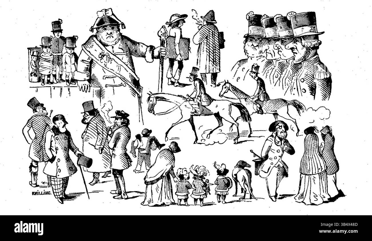 Questa illustrazione dell'edizione del 1846 di Fliegende Blätter, creata da Nikolaus Knilling, raffigura una scena o un personaggio della cultura tedesca del XIX secolo, mettendo in mostra lo stile artistico dell'epoca. Foto Stock