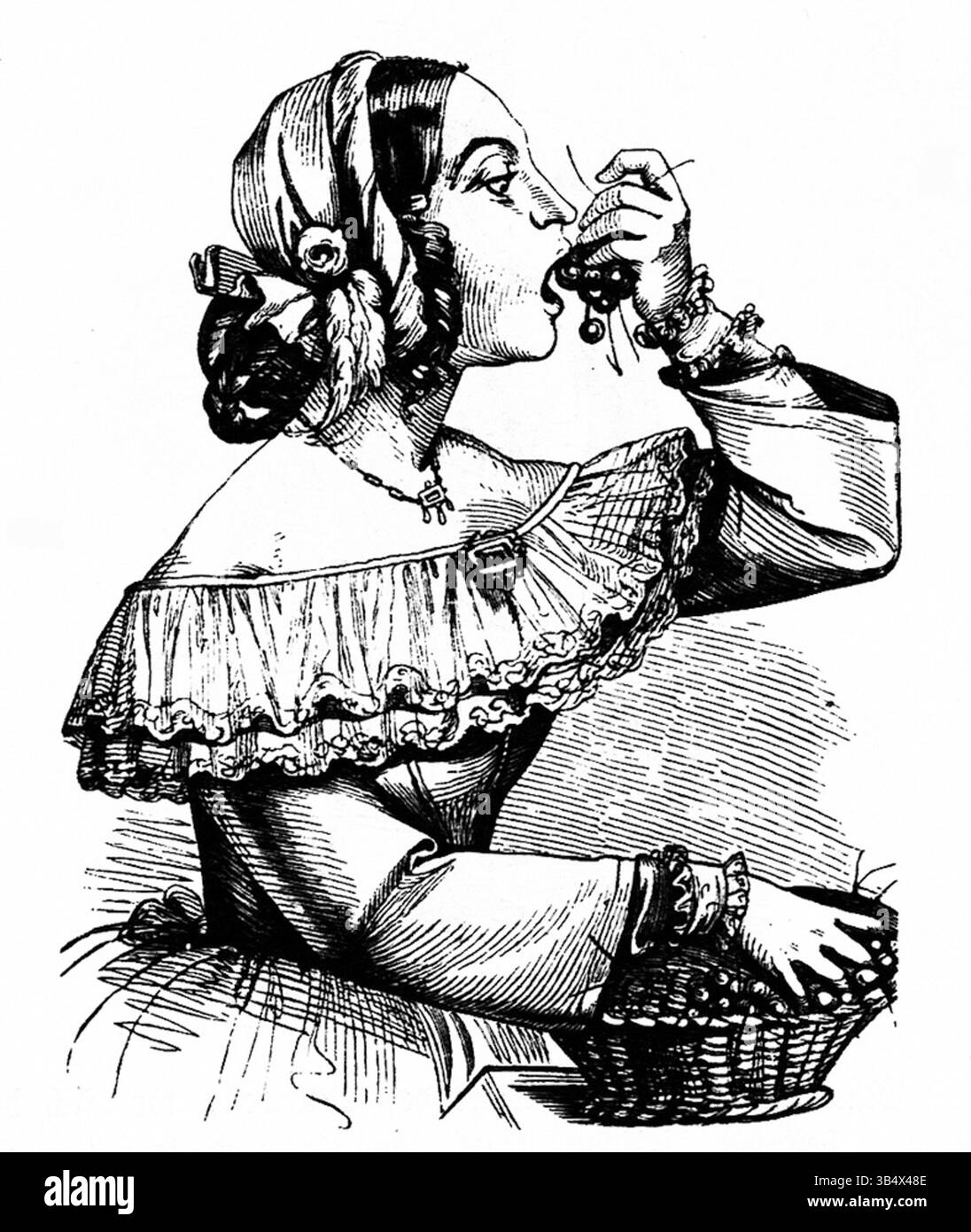 Un'illustrazione satirica da *Fliegende Blätter* (1846), volume 2, numero 45, raffigurante un commento umoristico sulle questioni sociali dell'epoca. L'opera rappresenta lo stile artistico e il focus editoriale delle riviste satiriche tedesche del XIX secolo. Foto Stock
