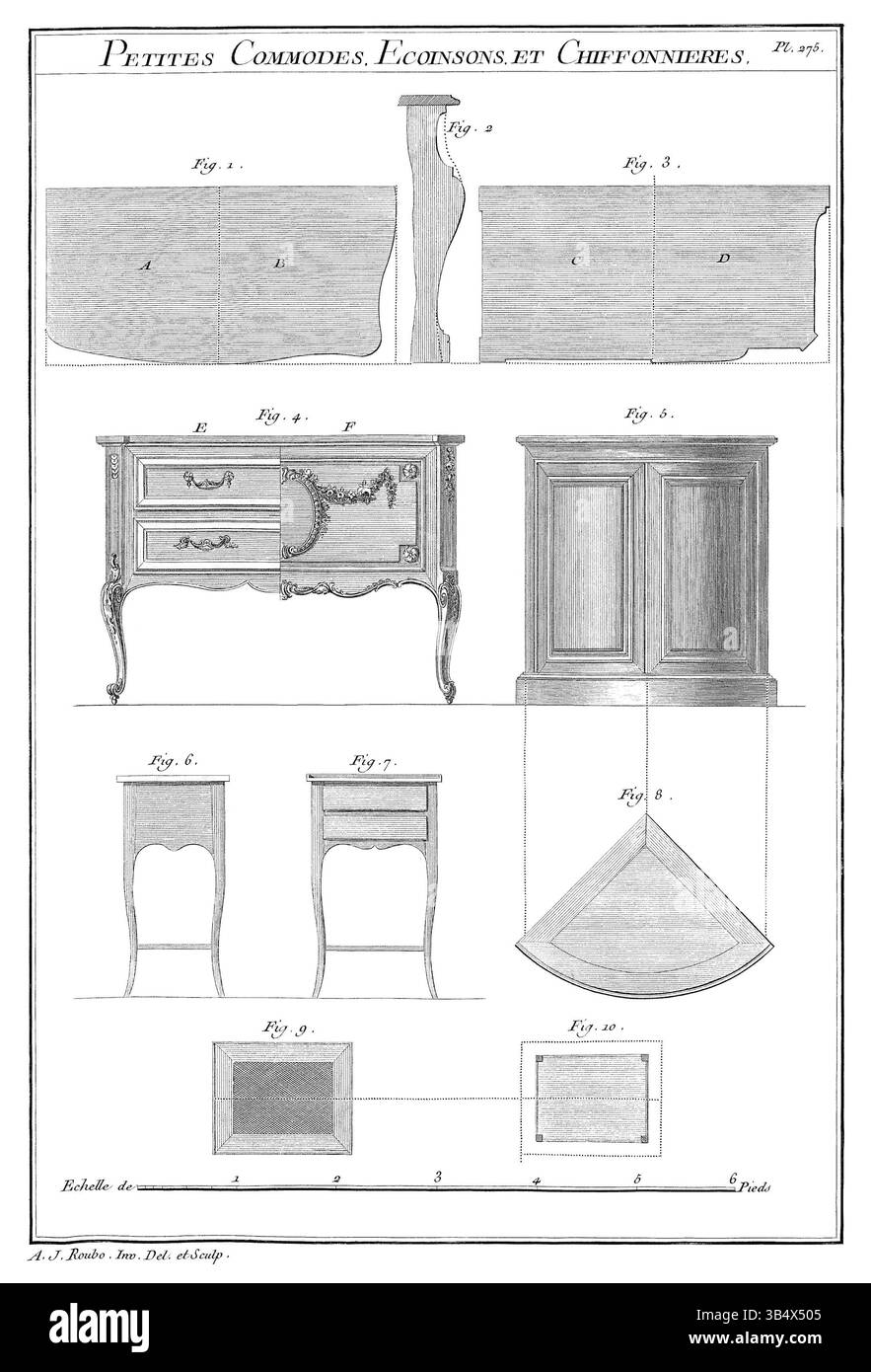 Un piatto tratto dall'opera di André Jacob Roubo del 1772 l'Art du Menuisier, raffigurante piccoli comò, armadi ad angolo e chiffonnières. Roubo era un ebanista francese e questo lavoro mostra le sue illustrazioni dettagliate per i disegni di mobili, enfatizzando l'artigianato e lo stile. Pubblicato dall'Académie Royale des Sciences. Foto Stock