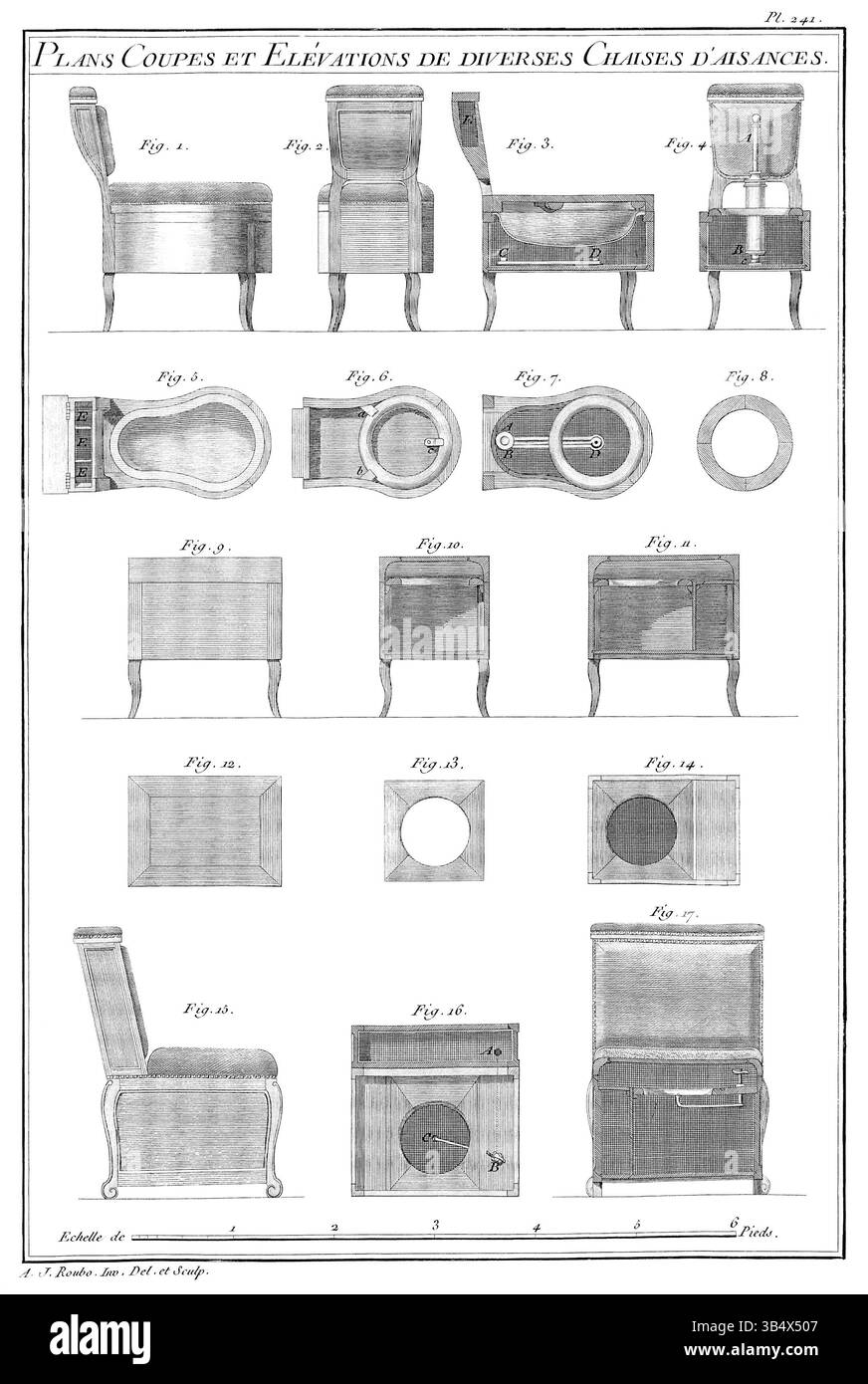 Planche 241 da l'Art du Menuisier di André Jacob Roubo (1772) presenta disegni per vari tipi di comode sedie. Questa incisione mette in risalto l'arte del design dei mobili francesi nel XVIII secolo. Foto Stock