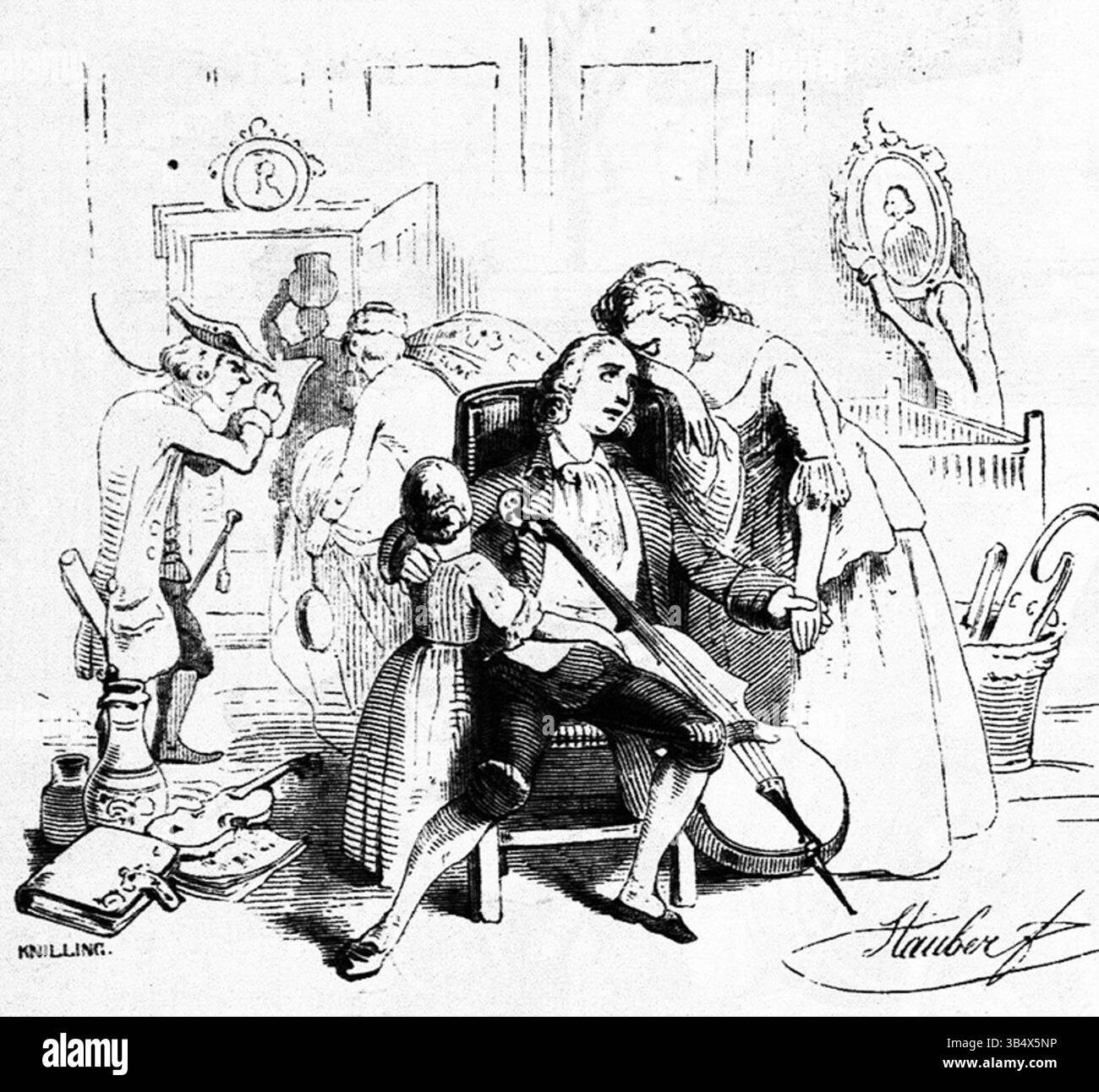 Questa illustrazione del 1846 della rivista "Fliegende Blätter", creata da Carl Stauber, fa parte del secondo volume della pubblicazione tedesca. L'illustrazione offre un'idea della cultura e dello stile artistico tedesco del XIX secolo. Foto Stock