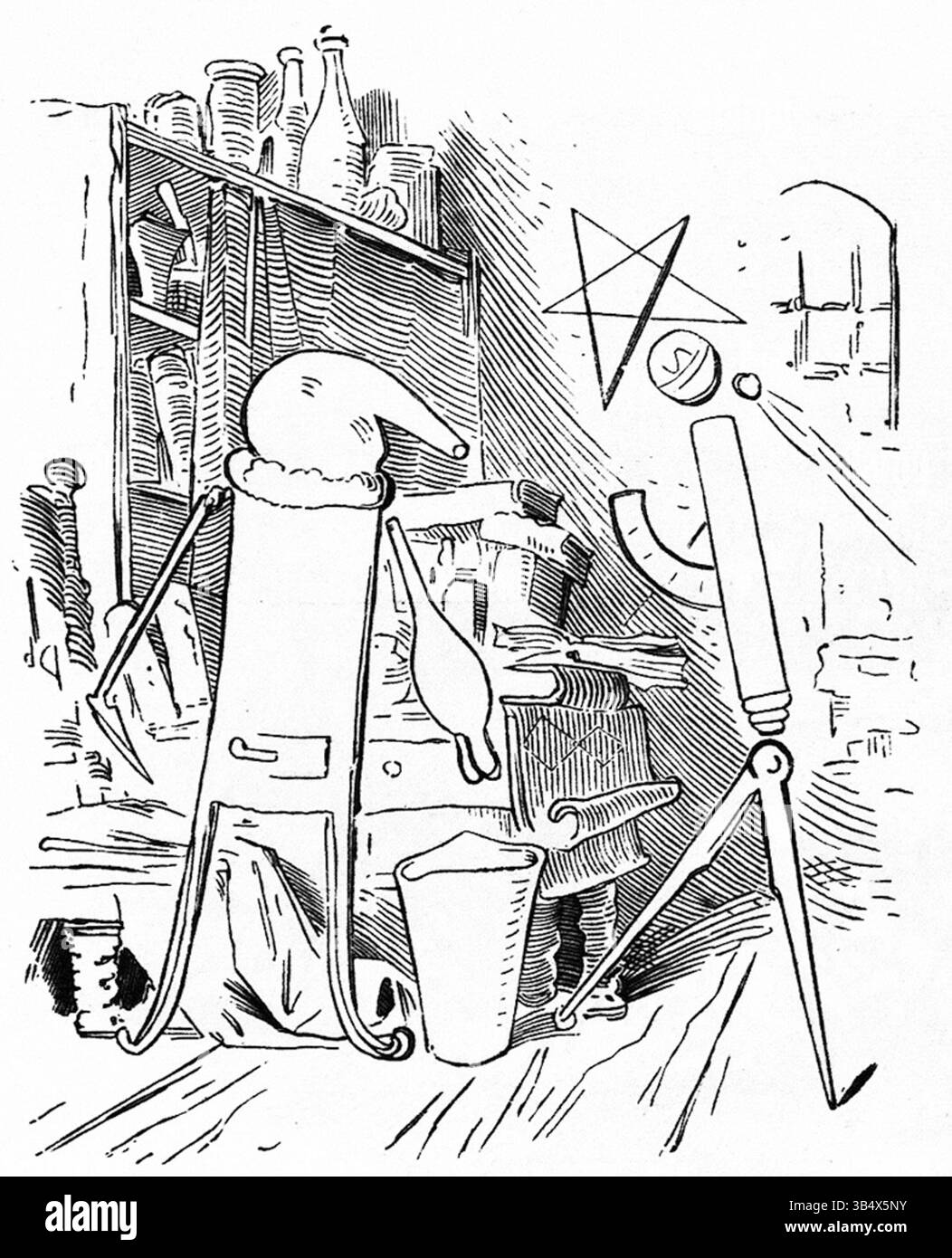 Illustrazione tratta da 'Fliegende Blätter', volume 2, numero 43, pagina 151, che mostra una scena dettagliata nel 1846. L'illustrazione rappresenta un commento satirico tedesco attraverso l'arte visiva. Foto Stock