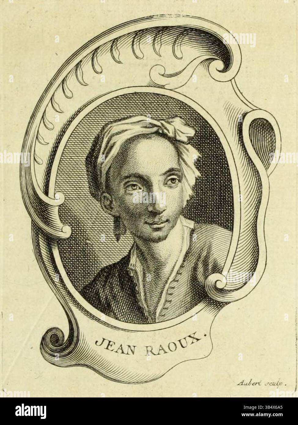 Questa è una stampa incisore e incisione di Michel Aubert (1700-1757) e Jean Raoux, creata nel 1752 come parte del supplemento al compendio delle vite dei pittori più famosi. La stampa raffigura una rappresentazione artistica dettagliata su carta. Foto Stock