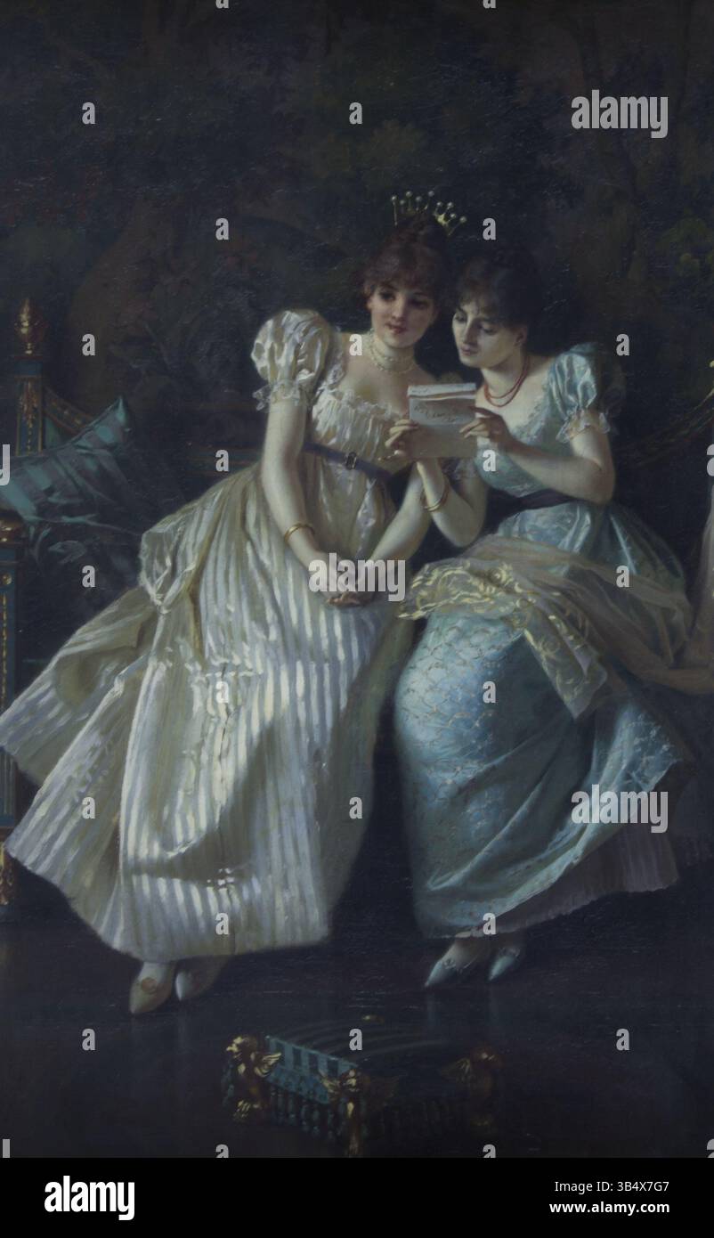 "La lettera d'amore" di Pio Ricci è un dipinto ad olio che raffigura una scena romantica di corrispondenza. L'opera, creata tra la fine del XIX e l'inizio del XX secolo, esplora i temi dell'amore, dell'intimità e della comunicazione. Foto Stock