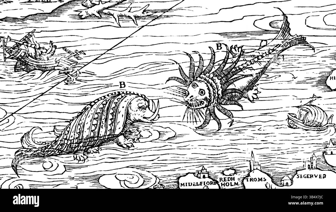 La carta marina, creata da Olaus Magnus tra il 1527 e il 1539, è la prima mappa che descrive i paesi nordici, compresi i toponimi e le caratteristiche marittime. Si tratta di un'opera cartografica storica fondamentale. Foto Stock