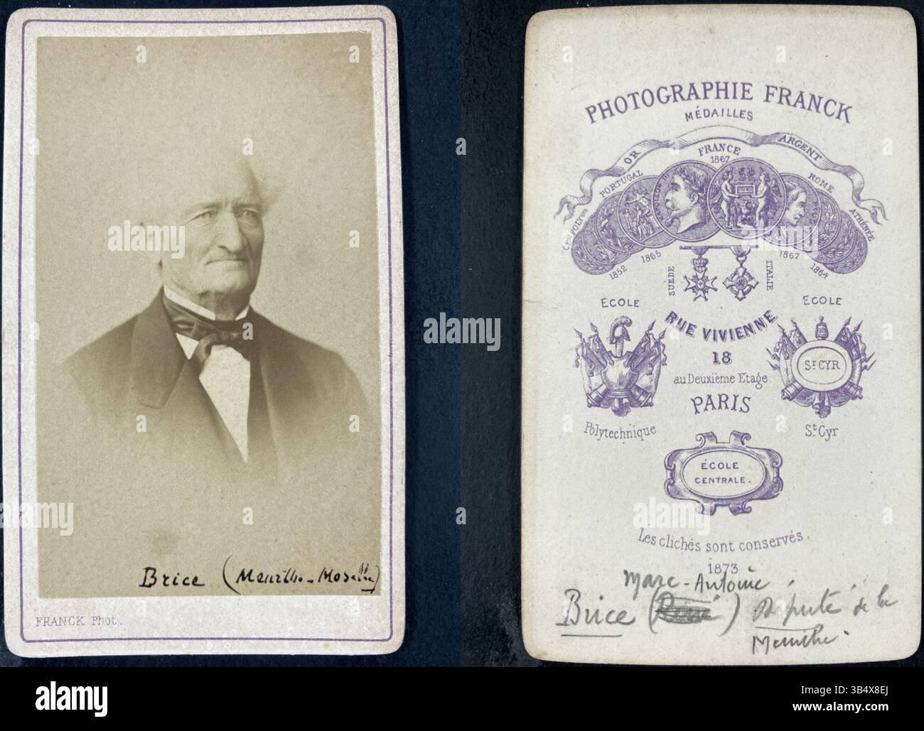 Questa fotografia di Franck cattura Marc Brice, una figura francese del XIX secolo, in un ritratto fotografico. Scattata prima del 1877, l'immagine esemplifica le prime tecniche fotografiche e ritrattistica del XIX secolo. Foto Stock