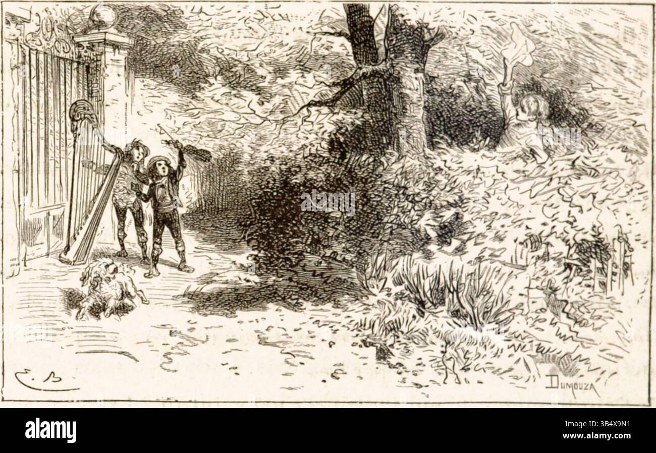 Questa stampa su legno di Sans famille di Hector Malot mostra Rémi e Mattia che corrono verso un fazzoletto ondulato, portando alla loro riunione con Lise in Svizzera. La scena cattura la tensione e la speranza della riunione. Creato nel 1880. Foto Stock