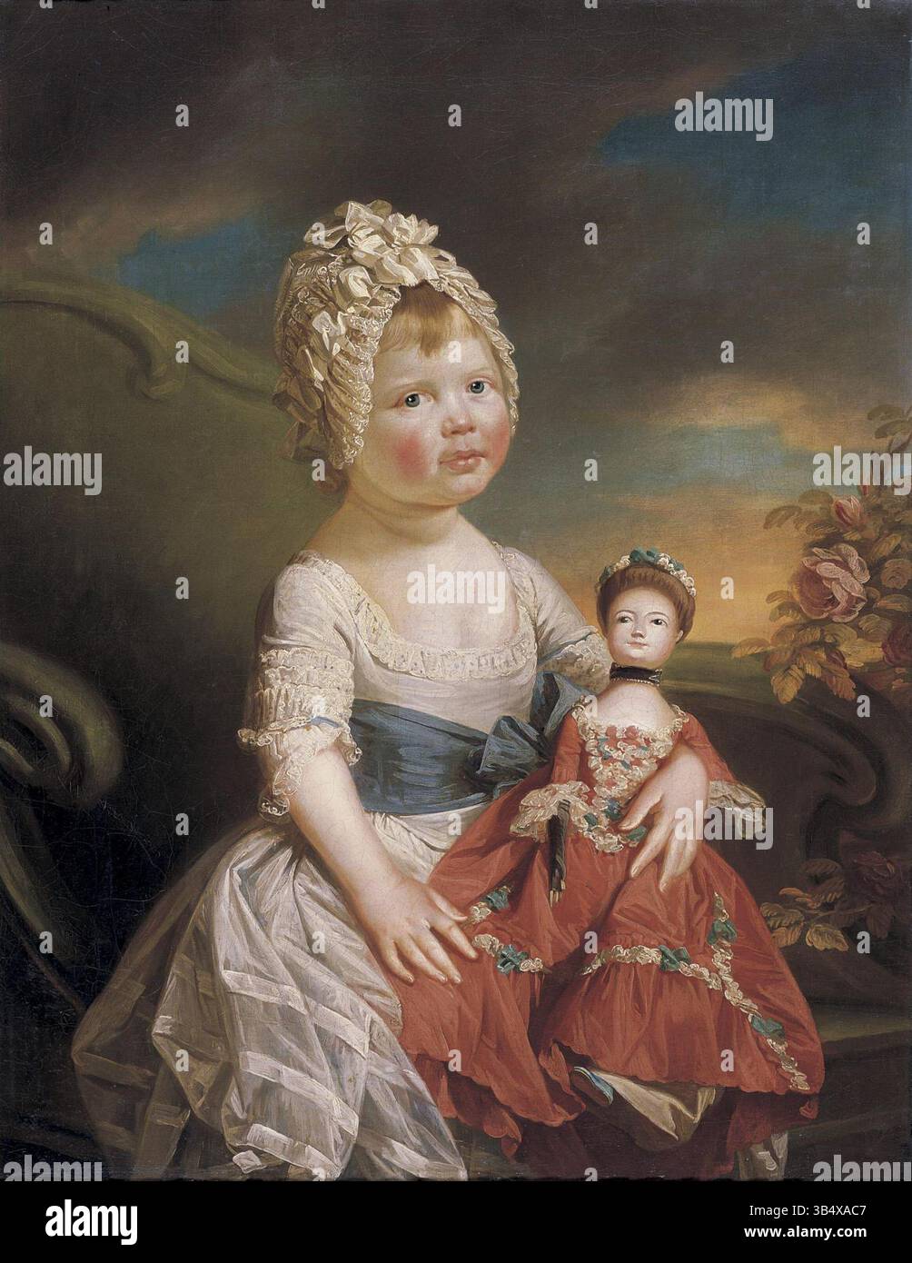 Il ritratto di Johann Zoffany del 1771 di Charlotte Augusta Matilda, figlia di re Giorgio III, la mostra seduta su una sedia verde in un vestito bianco con una fascia blu, tenendo in mano una bambola. Questo olio su tela riflette la moda e l'iconografia reale della fine del XVIII secolo. Foto Stock