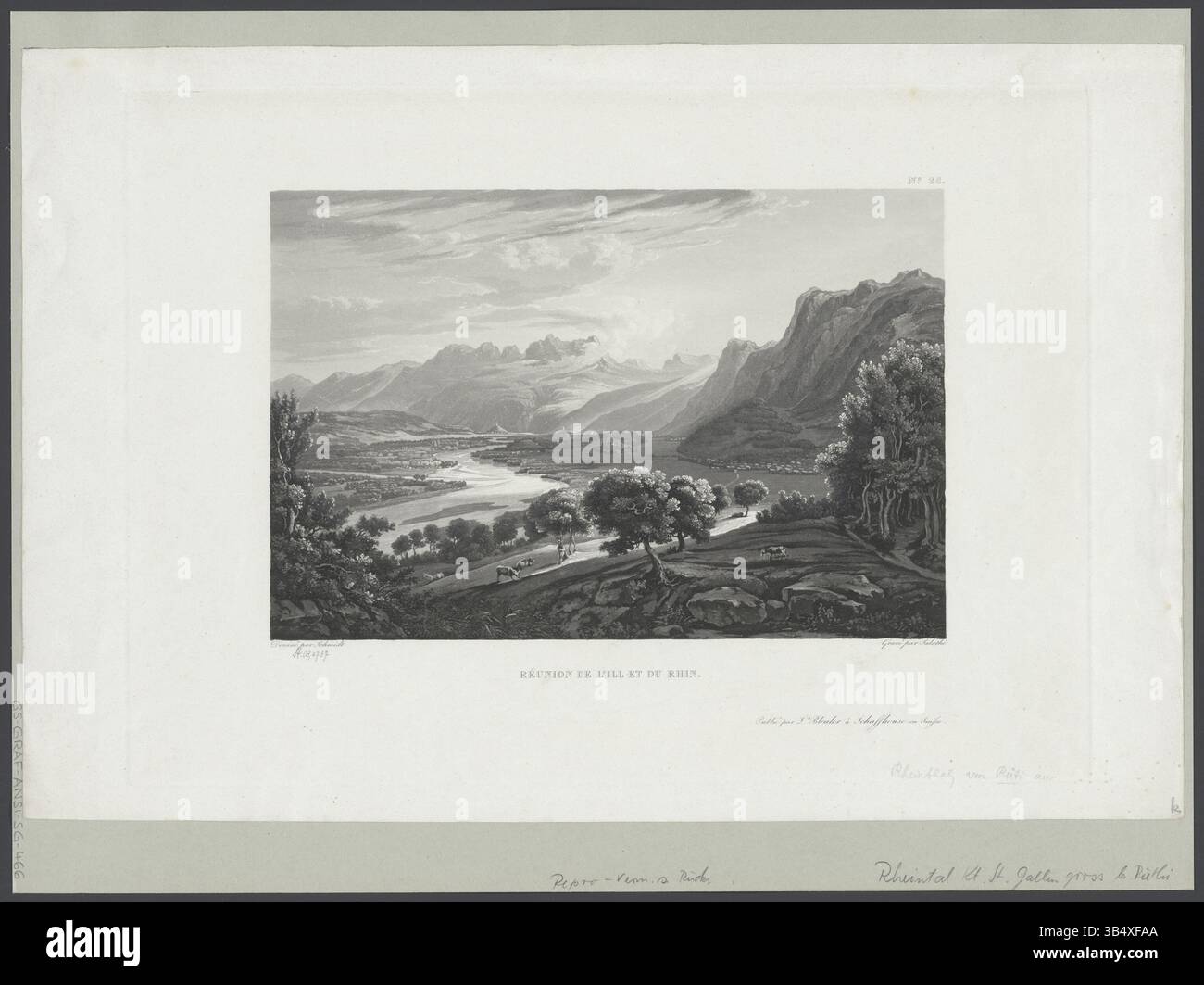 Una stampa acquatinta di Johann Jakob Schmid e Friedrich Salathé, raffigurante la confluenza dei fiumi Ill e Reno. La stampa fa parte di una collezione che mostra le viste più pittoresche del Reno. Foto Stock