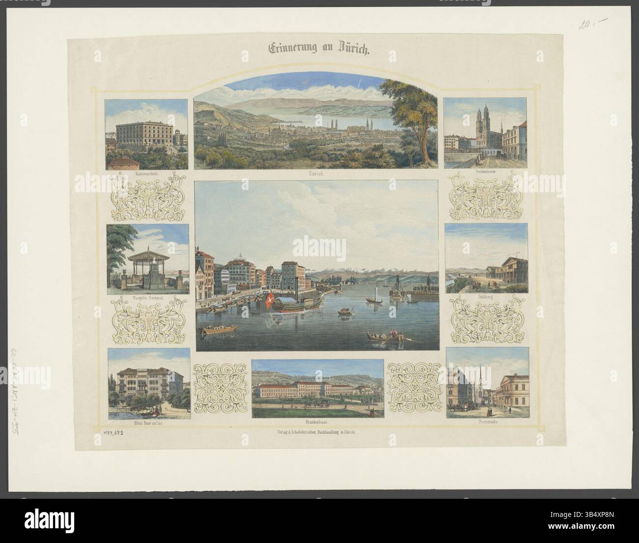 Questa litografia presenta una vista di Zurigo, intitolata "Erinnerung an Zürich" (memoria di Zurigo). È stato pubblicato dalla libreria di Schabelitz a Zurigo e cattura il paesaggio urbano di Zurigo a metà del XIX secolo. Foto Stock