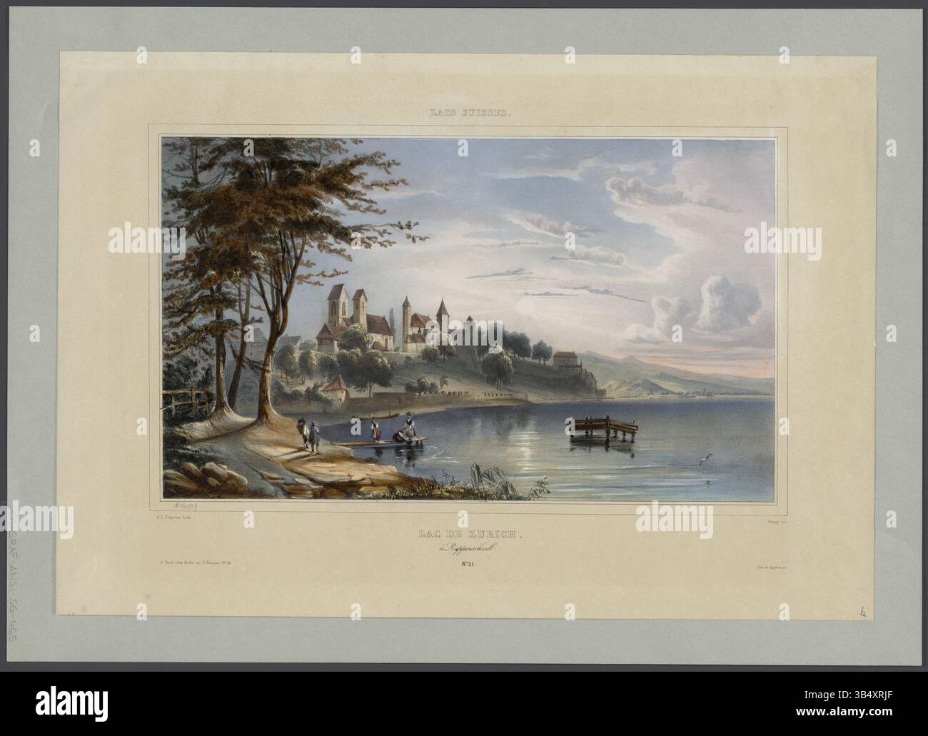 Una litografia del 1845 di Nicolas-Marie-Joseph Chapuy e Jean Louis Tirpenne, che illustra il lago di Zurigo e la città di Rapperswil. Questo lavoro fa parte della serie "Voyage en Suisse", che mostra laghi e paesaggi svizzeri. Foto Stock