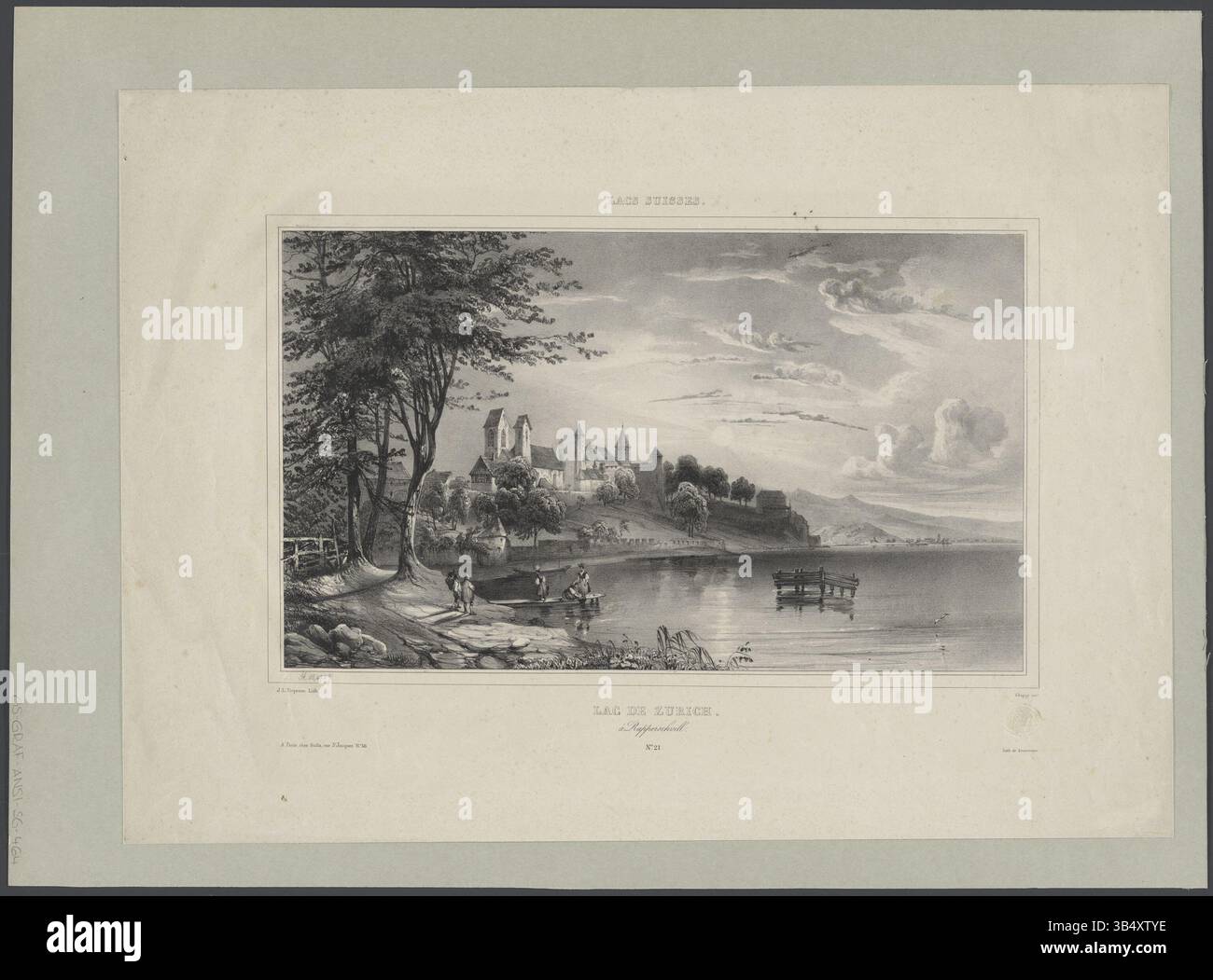 Una litografia del 1845 di Nicolas-Marie-Joseph Chapuy e Jean Louis Tirpenne, che mostra il lago di Zurigo e la città di Rapperswil. L'opera fa parte della serie "Voyage en Suisse", che illustra i laghi svizzeri. Foto Stock
