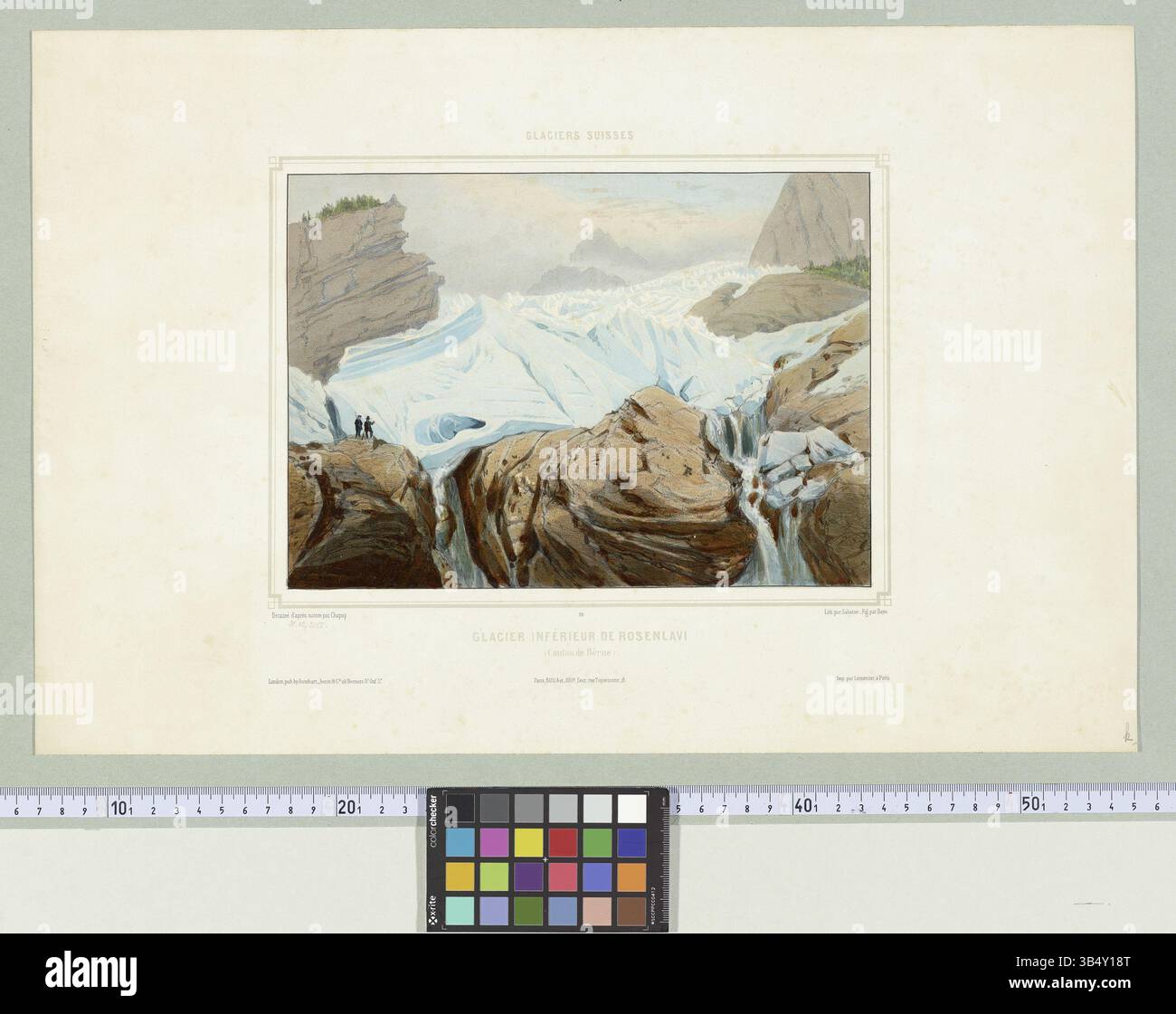 Litografia del ghiacciaio inferiore di Rosenlaui nel Canton Berna, Svizzera. Opere d'arte create da Nicolas-Marie-Joseph Chapuy, Adolphe Jean-Baptiste Bayot e litografie di Léon Jean-Baptiste Sabatier nel 1845 circa. Foto Stock