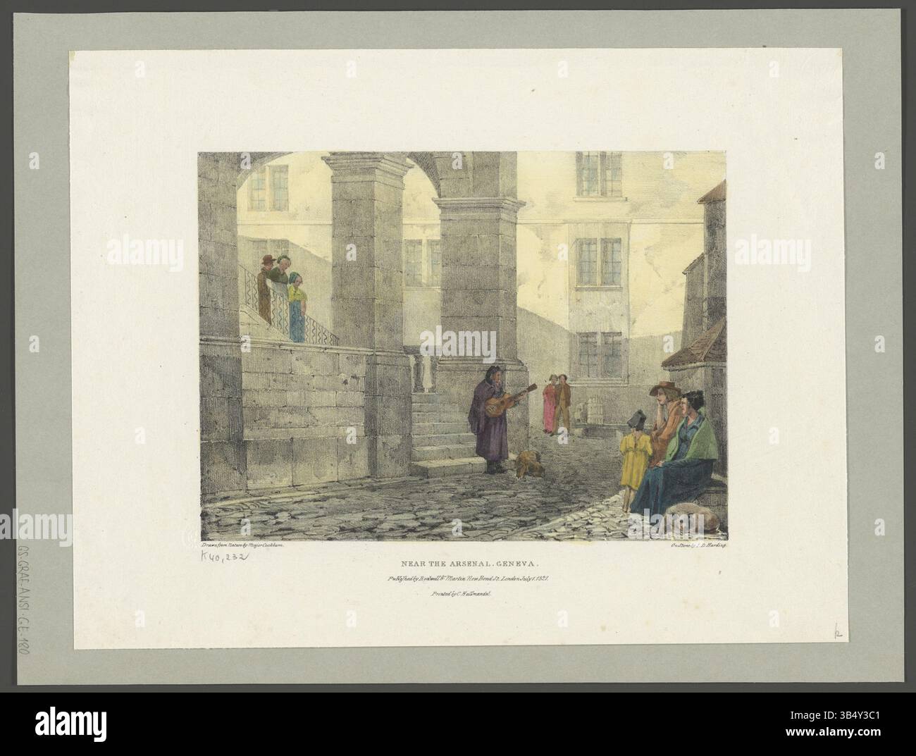 Litografia di James Pattison Cockburn, che illustra una scena vicino all'Arsenale di Ginevra, Svizzera. Tratto dalla natura e litografie di James Duffield Harding, intorno al 1822. Foto Stock