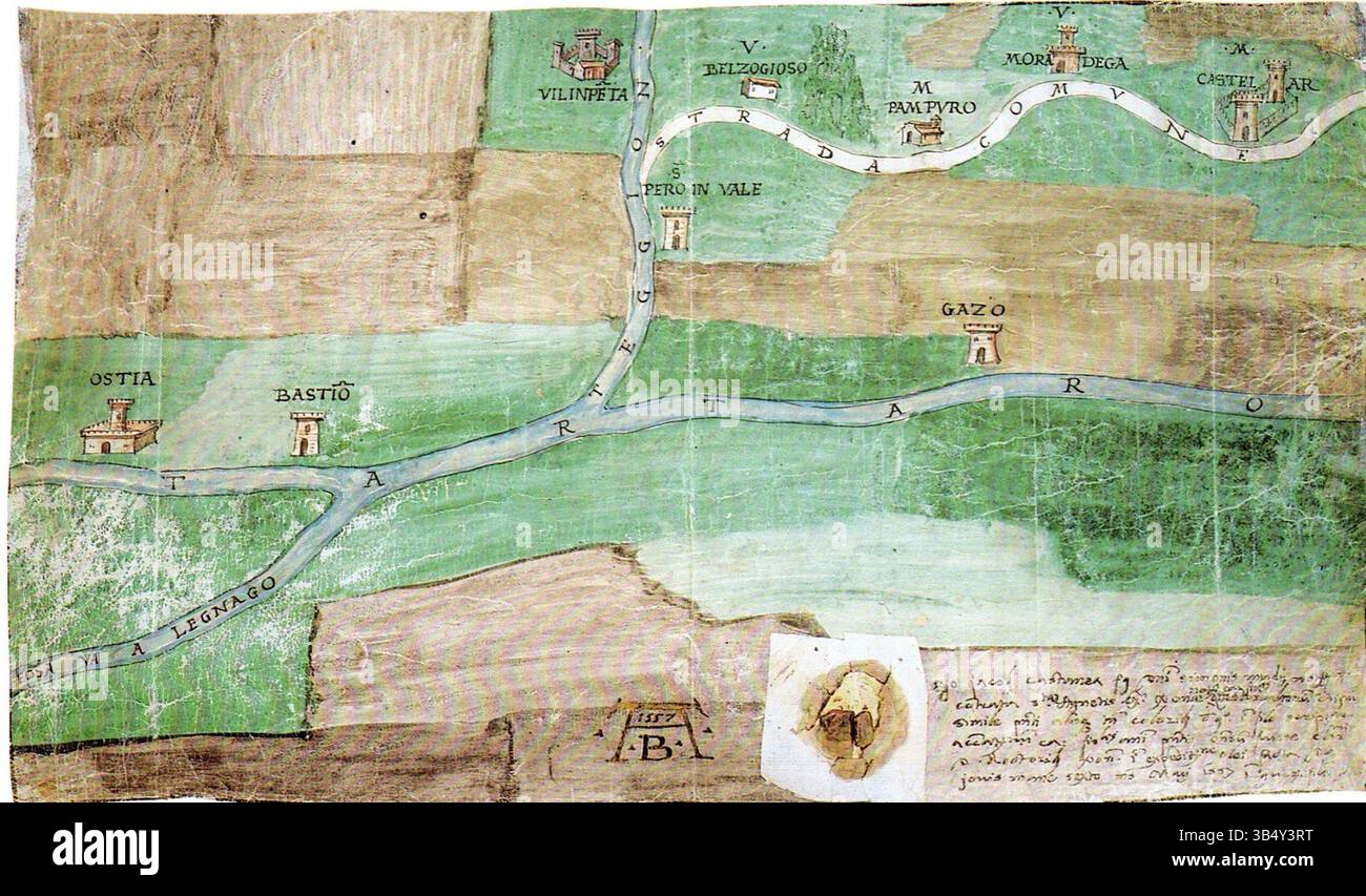 Questa mappa storica raffigura l'area di confine tra Mantova e Verona, da Ostiglia a Gazzo Veronese, datata 1557. La mappa è un'importante rappresentazione della divisione territoriale tra due regioni dell'Italia settentrionale durante il XVI secolo. Foto Stock