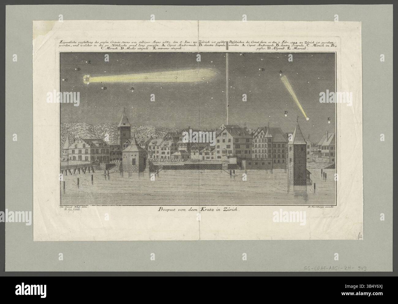 Questa incisione del 1744 di Hans Conrad Nözli illustra una cometa che passa sopra Zurigo, mostrando l'evento celeste osservato dalla città. La stampa fa parte di una serie che cattura fenomeni astronomici significativi. Foto Stock