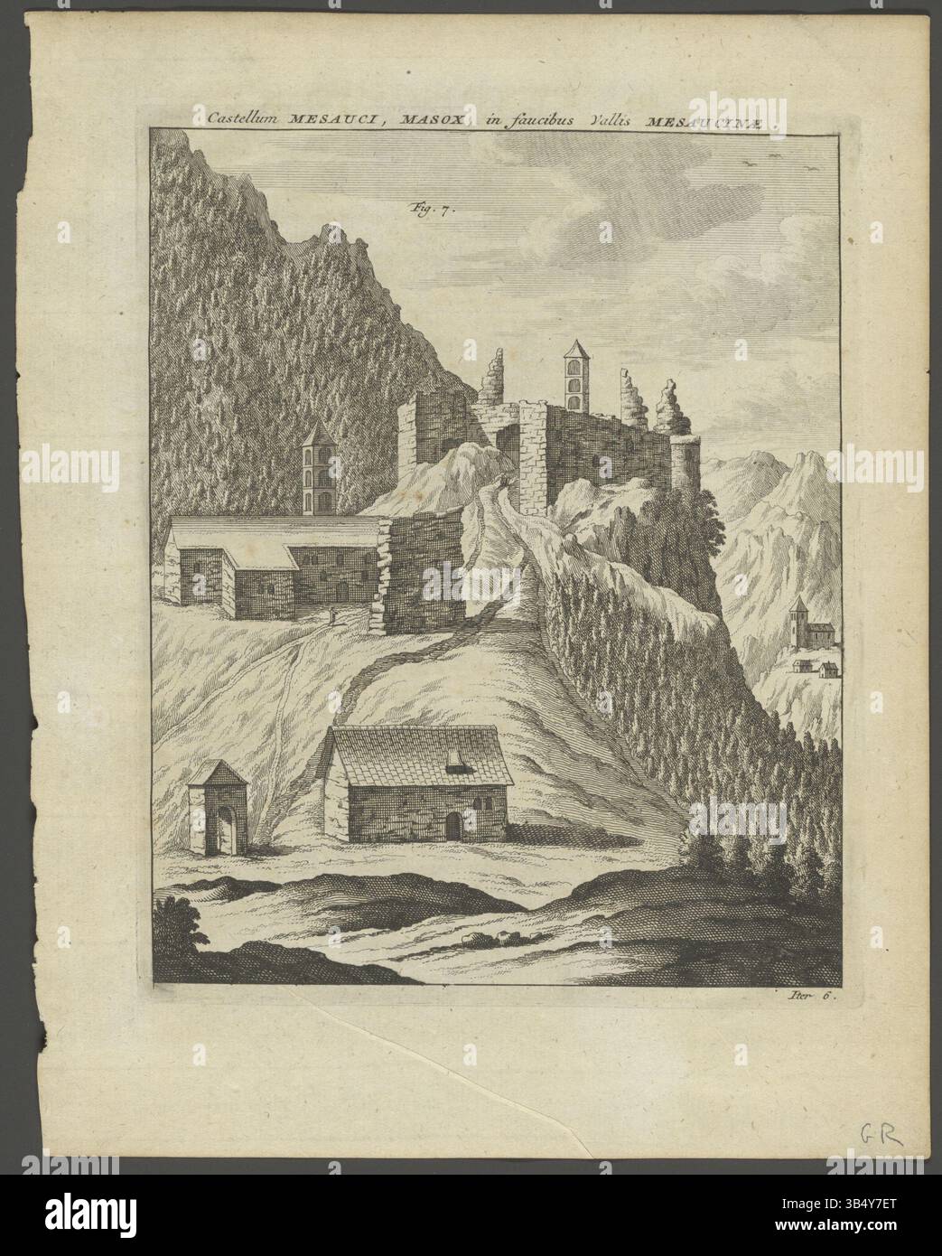 Questa incisione del 1723 di Johann Jacob Scheuchzer e Johann Melchior Füssli raffigura il Castellum Mesauci a Masox, situato nella valle della Mesaucina. Fa parte di un'opera più ampia che mostra le regioni alpine svizzere ed è stata pubblicata in una raccolta di incisioni da Scheuchzer. Foto Stock