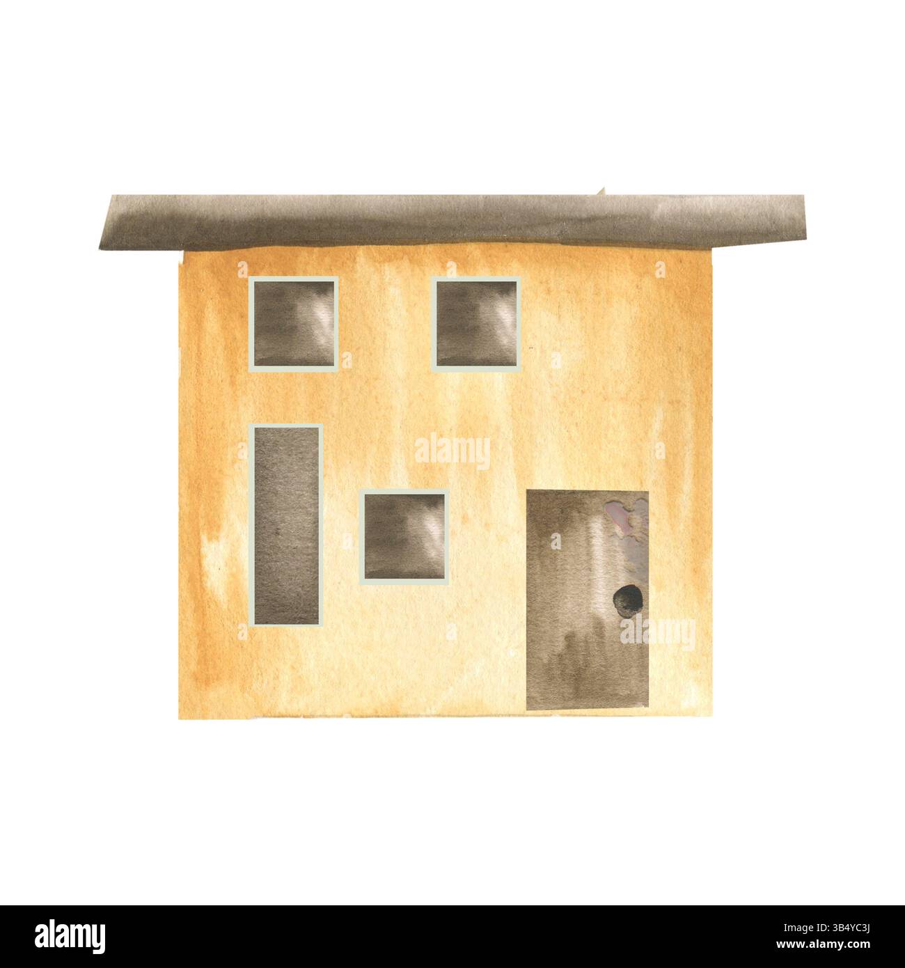 Grazioso edificio giallo con foof marrone, porta e finestre. Scogliera del cottage disegnata a mano, pittura del villaggio estivo per carta, carta da parati, design di poster. Foto Stock
