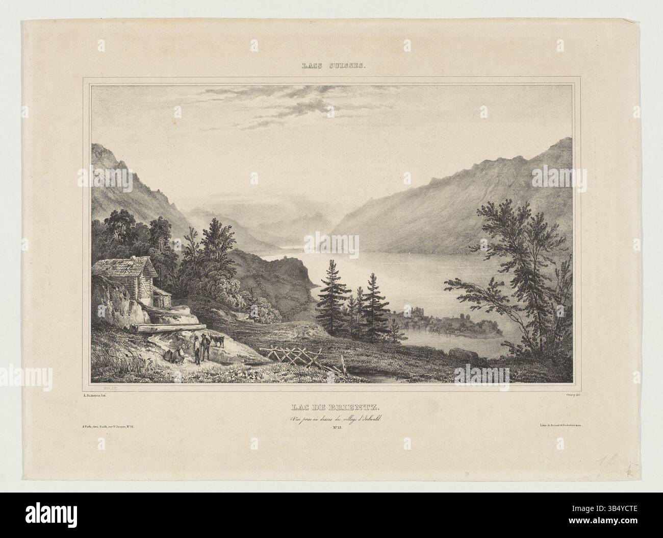 Litografia di Nicolas-Marie-Joseph Chapuy, che mostra una vista del lago di Brienz dall'alto del villaggio di Iselwald, evidenziando il tranquillo paesaggio lacustre della Svizzera. Foto Stock