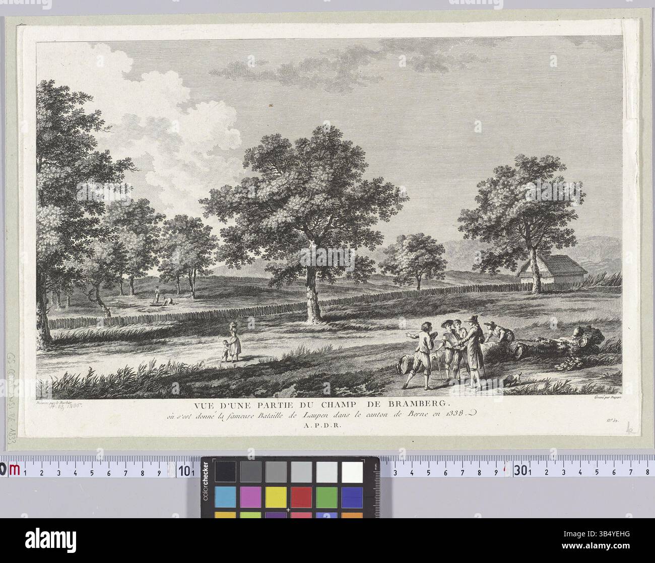 Vista di parte del campo di Bramberg, il luogo della famosa battaglia di Laupen nel 1338, situata nel cantone di Berna. L'incisione, creata da Jean Jacques le Barbier e incisa da Marie-Alexandre Duparc, fa parte della serie 'Tableaux de la Suisse'. Foto Stock