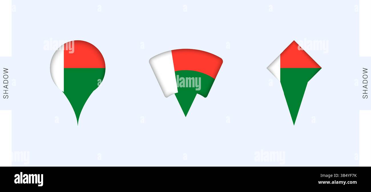 Set marcatori mappa Madagascar. Perfetto per progetti relativi al Madagascar, viaggi, geografia e rappresentanza internazionale. Raccolta vettoriale. Illustrazione Vettoriale