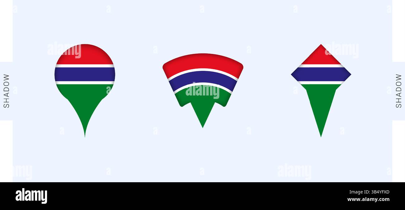 Set marcatori mappa Gambia. Perfetto per progetti legati al Gambia, viaggi, geografia e rappresentanza internazionale. Raccolta vettoriale. Illustrazione Vettoriale