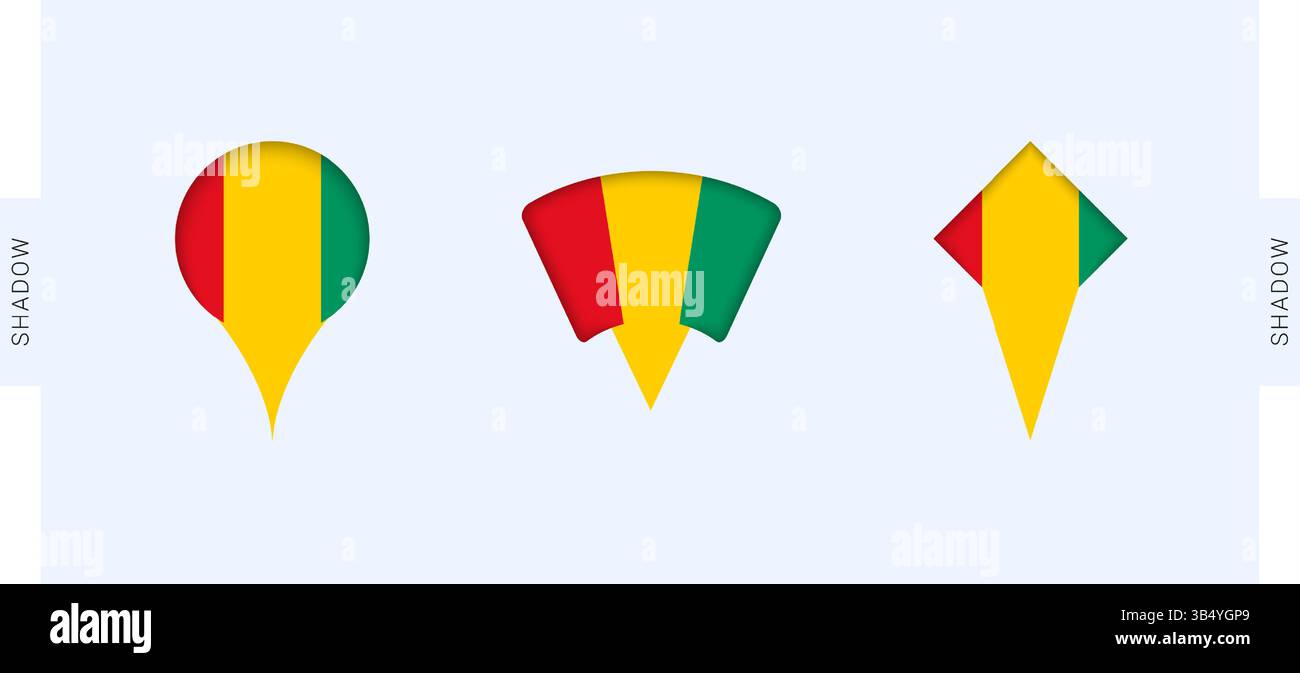 Set marcatori mappa Guinea. Perfetto per progetti relativi alla Guinea, ai viaggi, alla geografia e alla rappresentanza internazionale. Raccolta vettoriale. Illustrazione Vettoriale