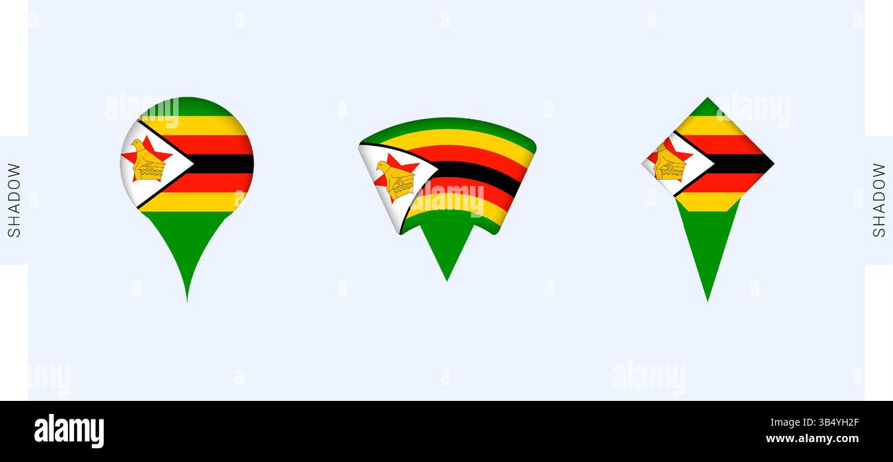 Set marcatori mappa Zimbabwe. Perfetto per progetti relativi allo Zimbabwe, viaggi, geografia e rappresentanza internazionale. Raccolta vettoriale. Illustrazione Vettoriale