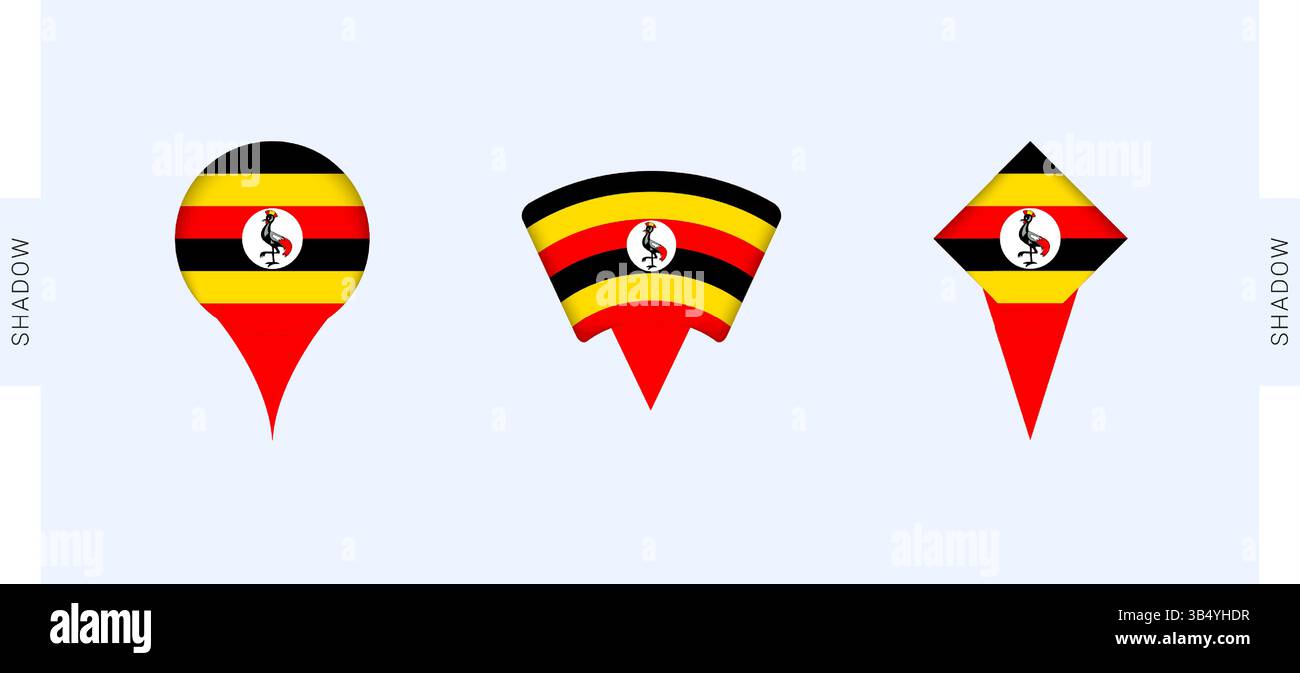 Set marcatori mappa Uganda. Perfetto per progetti relativi all'Uganda, viaggi, geografia e rappresentanza internazionale. Raccolta vettoriale. Illustrazione Vettoriale