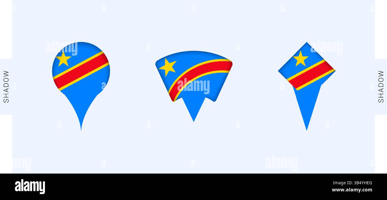 Set marcatori mappa DR Congo. Perfetto per progetti relativi alla Repubblica Democratica del Congo, viaggi, geografia e rappresentanza internazionale. Raccolta vettoriale. Illustrazione Vettoriale