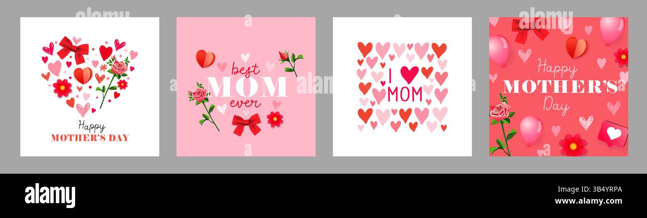 Miglior mamma di sempre e ti amo mamma biglietti di auguri con cuori e accessori per donne. Set di banner tipografici creativi per la festa della mamma Illustrazione Vettoriale
