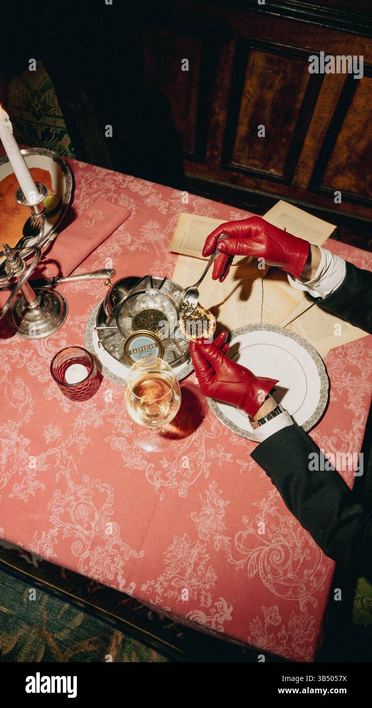 Elegante ambiente da pranzo: Ottimo vino, lume di candela e sofisticata atmosfera serale Foto Stock