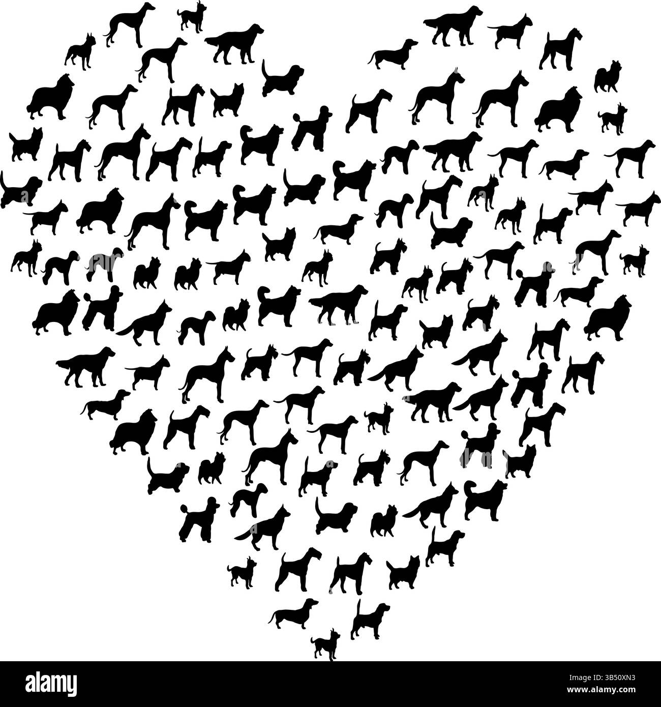 Illustrazione vettoriale con silhouette nera dei cani a forma di cuore Illustrazione Vettoriale