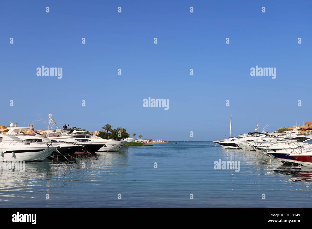 Yacht di lusso attraccati in un porticciolo di El Gouna, in Egitto, con il cielo azzurro e gli edifici sul lungomare che si riflettono nelle calme acque del Mar Rosso. Foto Stock