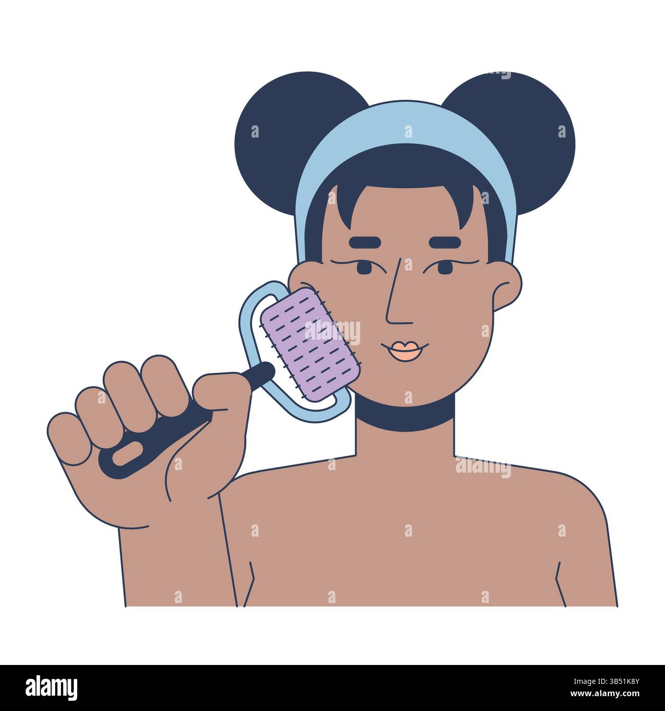 Donna nera che utilizza lo strumento microneedling illustrazione vettoriale 2D. Illustrazione Vettoriale