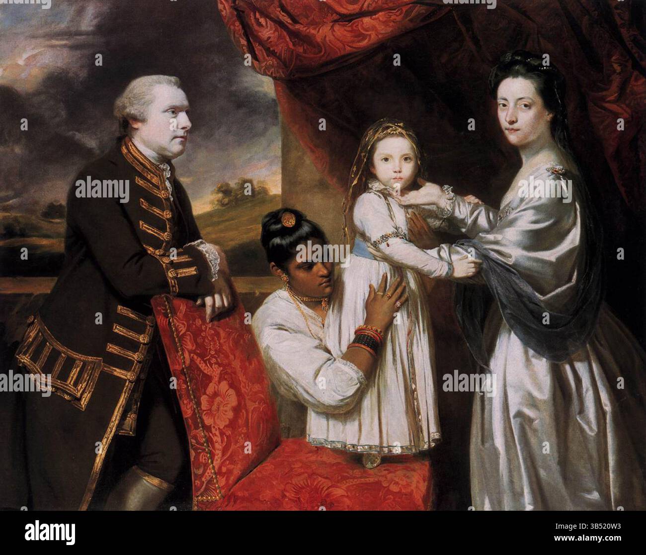 Questo dipinto, ora conosciuto come Tysoe Saul Hancock, sua moglie Philadelphia, la loro figlia Elizabeth e la loro cameriera indiana Clarinda era stato precedentemente erroneamente identificato come George Clive e la sua famiglia con una cameriera indiana è un dipinto ad olio di Joshua Reynolds. Misura 140 cm x 171 cm (67,3 poll. X 55,1 poll.). Fu dipinto nel 1765. È appeso al Gemäldegalerie di Berlino. Lord George Clive era cugino di Robert Clive, fondatore dell'impero dell'India britannica. Ha fatto fortuna lì. Chiaramente il pittore ha trovato la rappresentazione dell'infermiera indiana il suo più grande piacere. Foto Stock