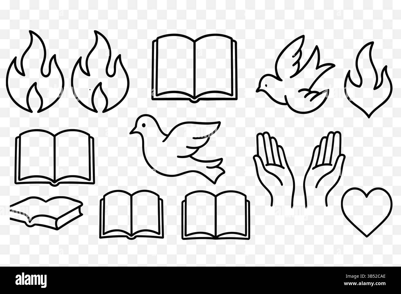 Set di Flames, Doves, Open Bibles, Hands, and Hearts – Collezione minimalista di simboli religiosi e spirituali Illustrazione Vettoriale