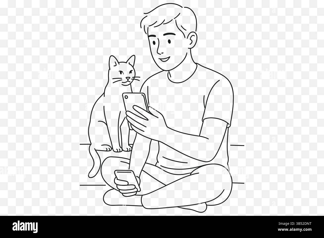 Minimalista Line Art of a Young Man in una videochiamata con un gatto seduto accanto a lui - scena Modern Digital Lifestyle Illustrazione Vettoriale