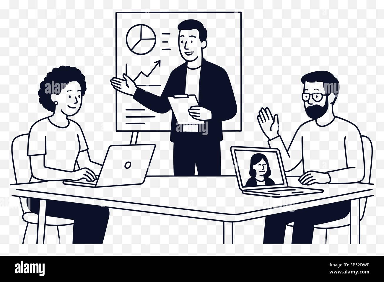 Illustrazione minimalista di un team diversificato che lavora insieme in un ufficio moderno Illustrazione Vettoriale