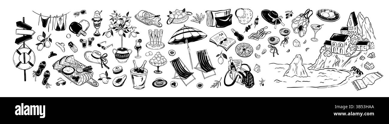 Set di icone disegnate a mano sulla spiaggia estiva. Disegno di schizzi per le vacanze al mare italiane. Stampa costiera. Limone in vaso, cibo da picnic, champagne, martini, girly Illustrazione Vettoriale