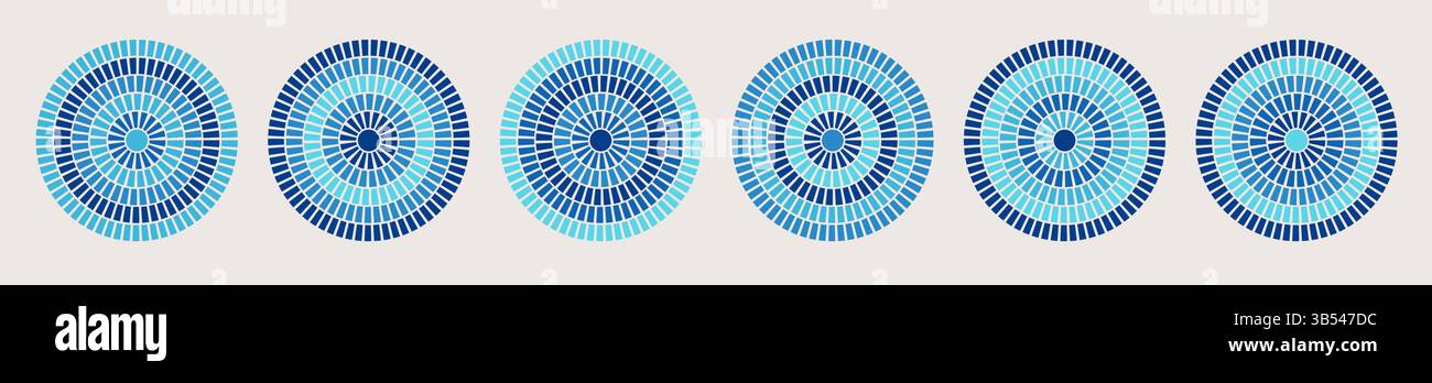 Mosaico a motivi ornamenti greci sfondo piastrellato antico disegno romano fregio etnico circolare. Blu floreale bordo mediterraneo con texture ondulata Illustrazione Vettoriale